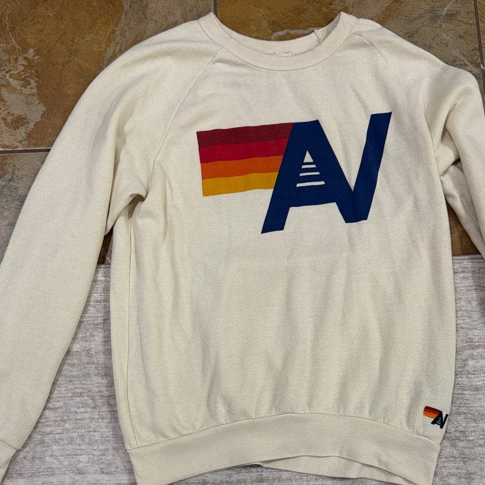 Aviator Nation Cream Sweater with Blue and Red-Orange Stripes